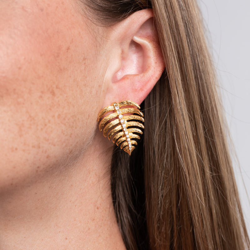 Gold and Crystal Stem Leaf Earrings