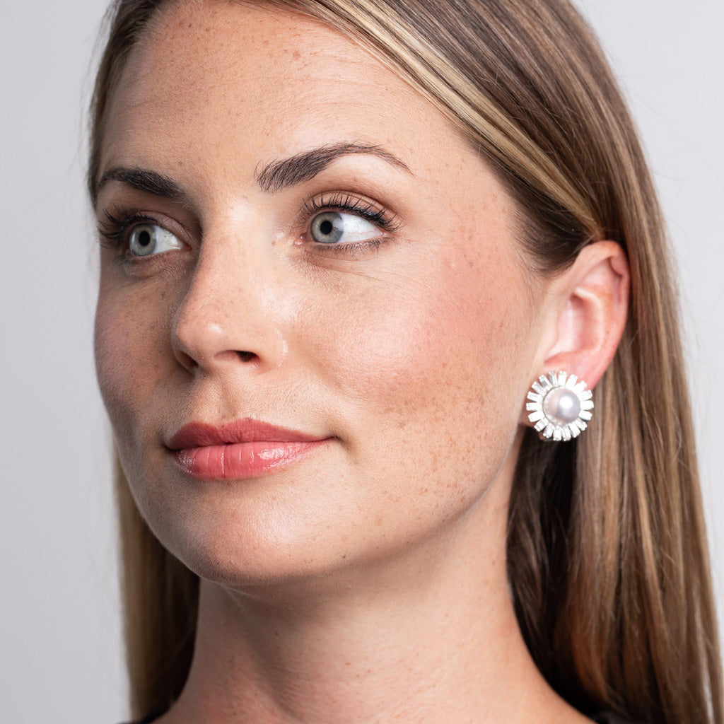Pearl Ball Sunburst Clip Earrings