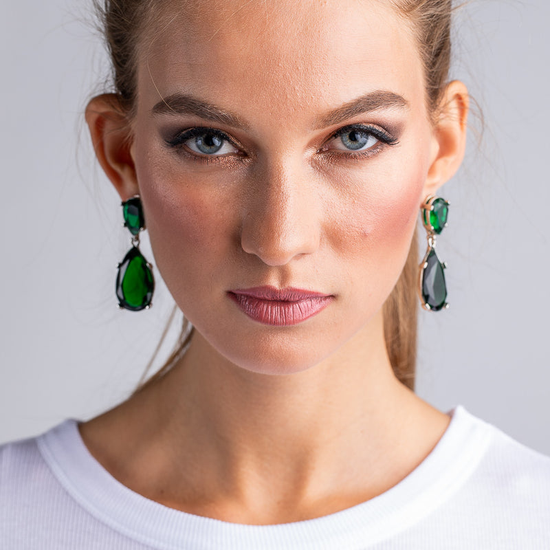 Emerald and Silver Teardrop Pierced or Clip Earrings