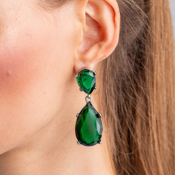 Emerald and Silver Teardrop Pierced or Clip Earrings