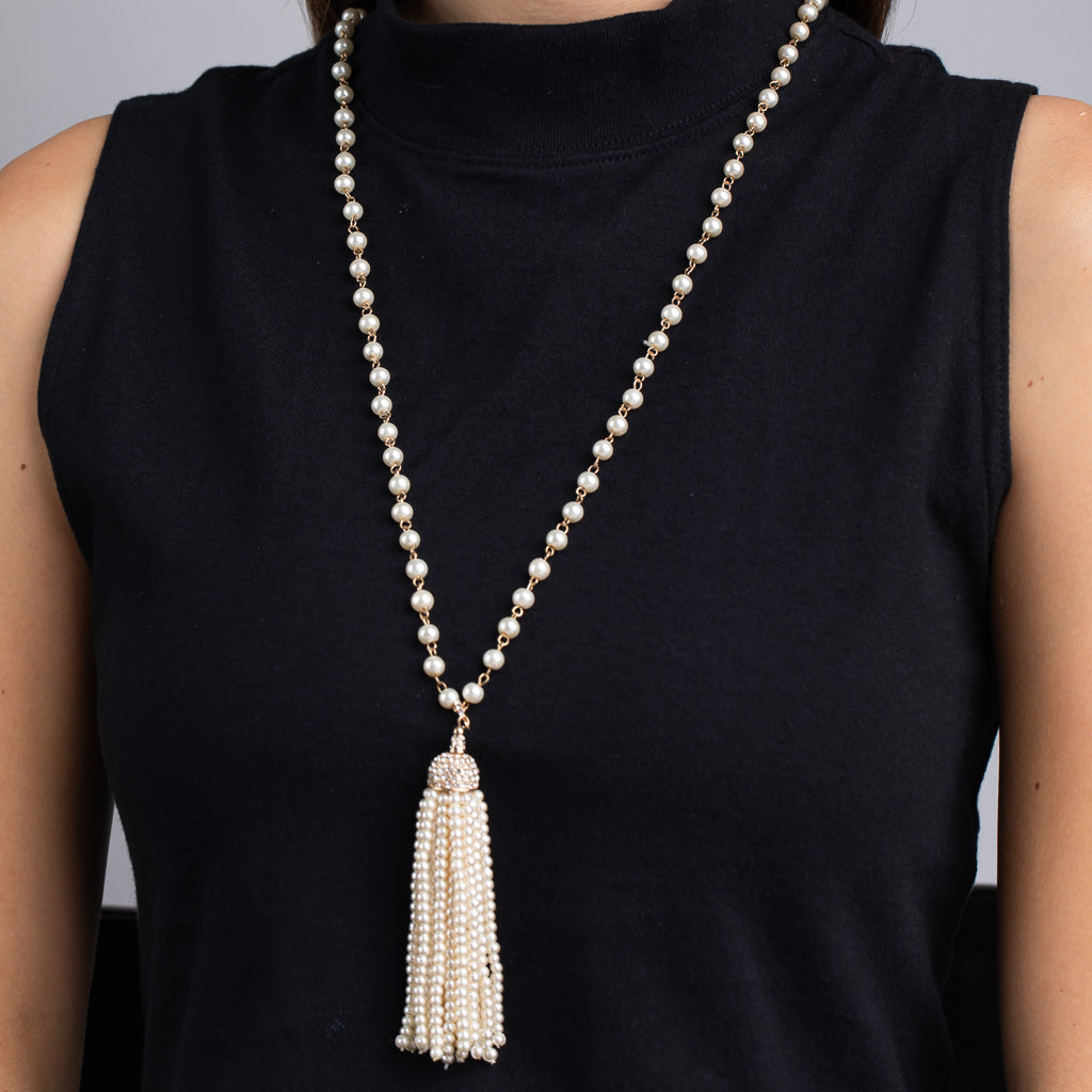 Pearl, Gold and Crystal Tassel Necklace