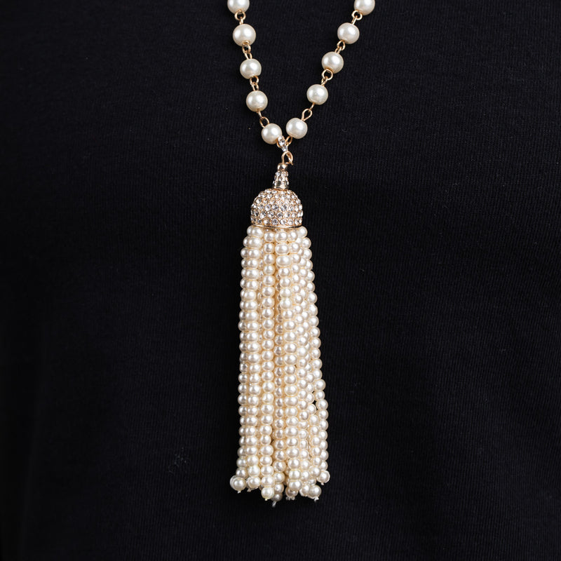 Pearl, Gold and Crystal Tassel Necklace