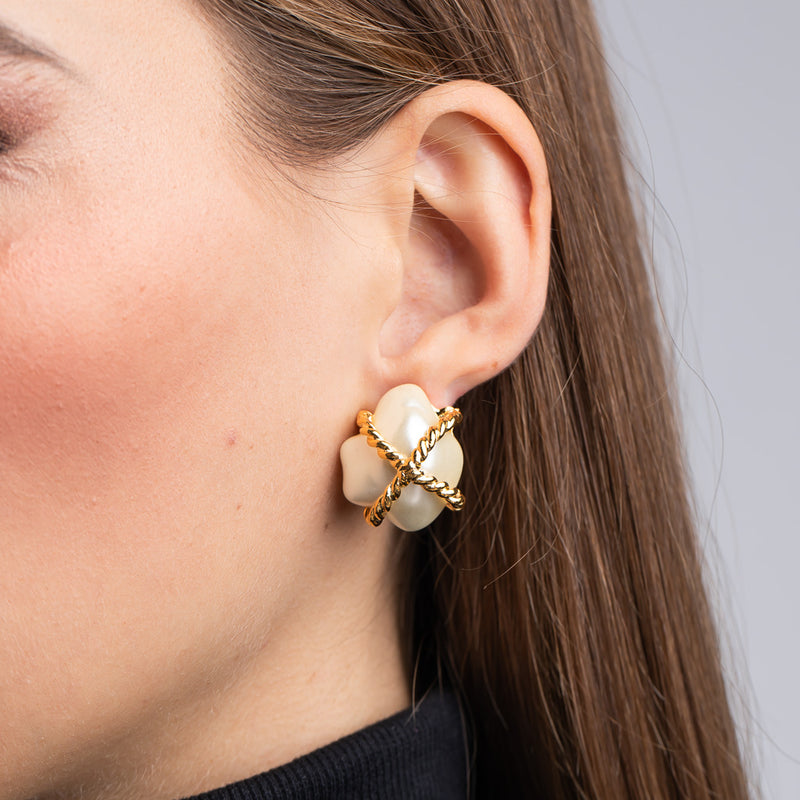 Cultura Pearl with Gold "X" Nugget Clip Earrings