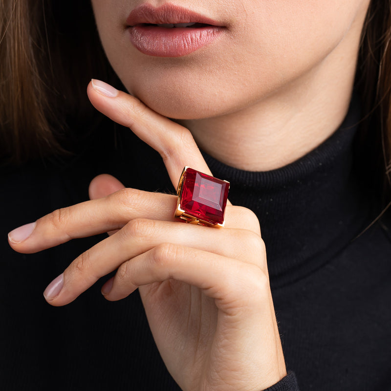 Polished Gold and Ruby Square Center Stone Ring