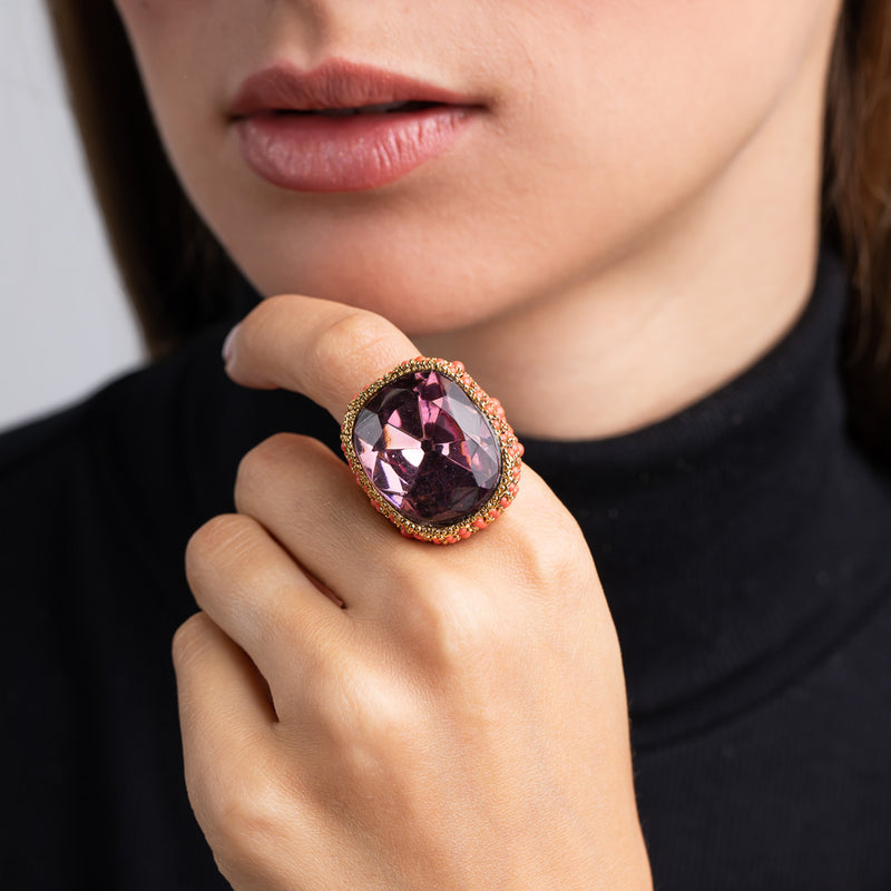 Coral and Amethyst Stone Cocktail Ring