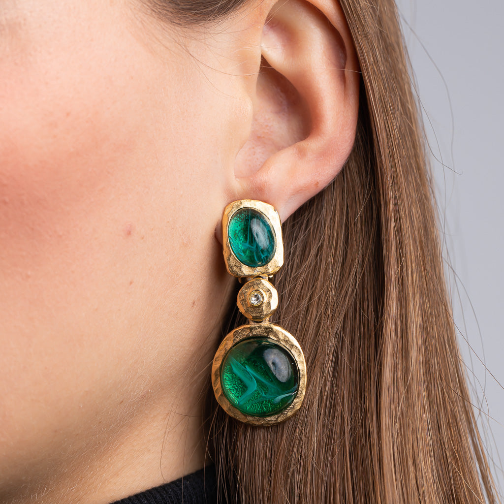 Flawed Emerald Cabochon Drop Clip Earrings