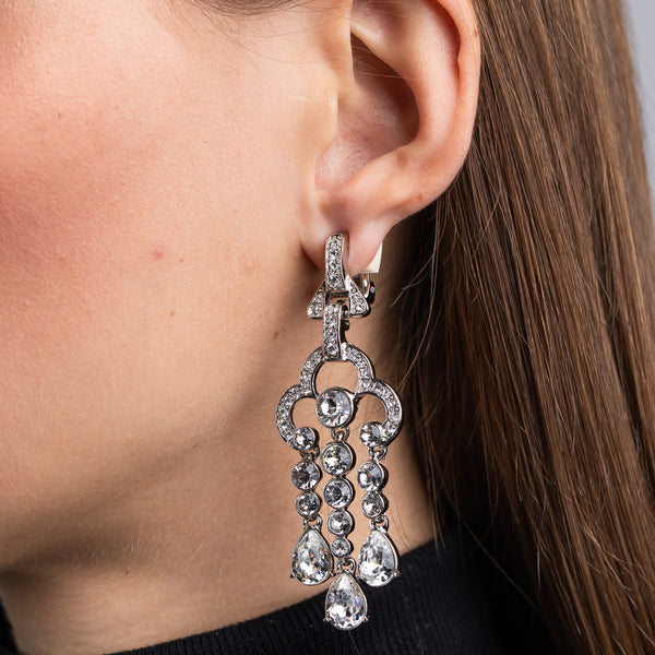 Silver 3 Row Drop Clip Earrings with Crystal Stones
