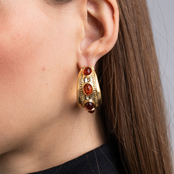 Satin Gold and Tortoise Cabochon Oval Hoop Earrings