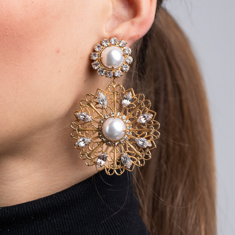 Filigree Flower with Pearl Center Clip Earrings