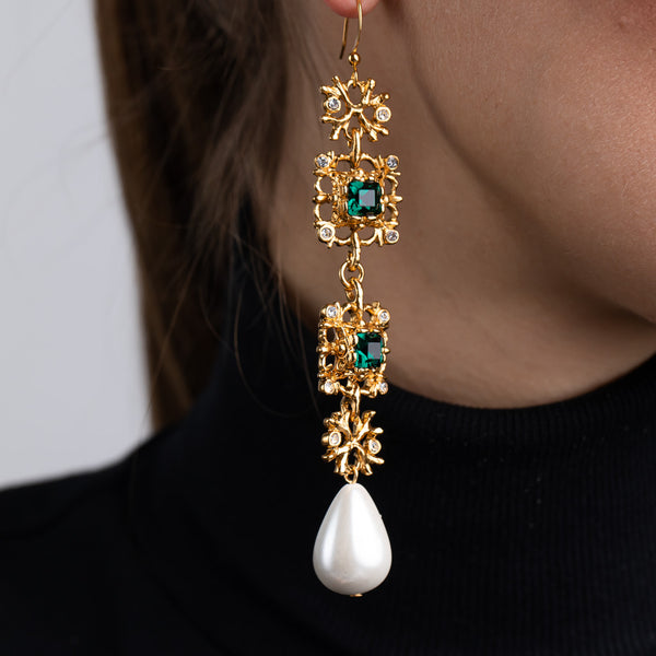 Antique Gold Crystal Emerald and White Pearl Earrings