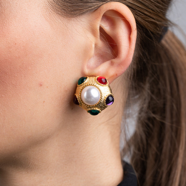 Satin Gold with Multi Color Gems and Pearl Center Clip Earrings