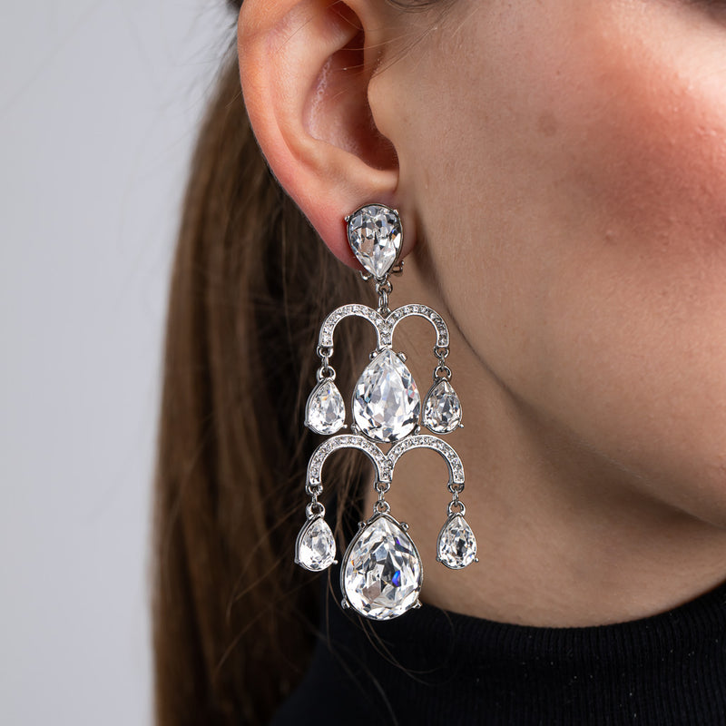 Silver and Crystal 2 Tier Chandelier Drop Clip Earrings