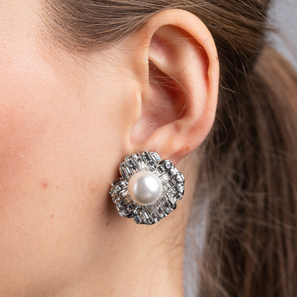 Silver and Crystal Baguette with Pearl Center Flower Clip Earrings