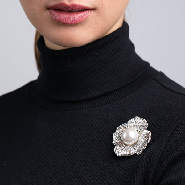Silver and Crystal Baguette Flower Pin