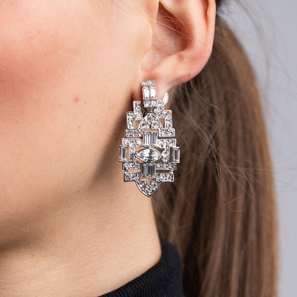 Silver and Crystal Deco Clip Earrings