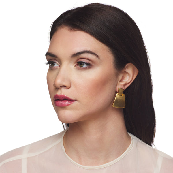 Satin Gold Hammered 2-Part Drop Clip Earrings - Contemporary design with artisanal hand-hammered texture. Satin gold finish for opulent allure. Clip-on style for comfortable wear. Perfect statement piece for any occasion.