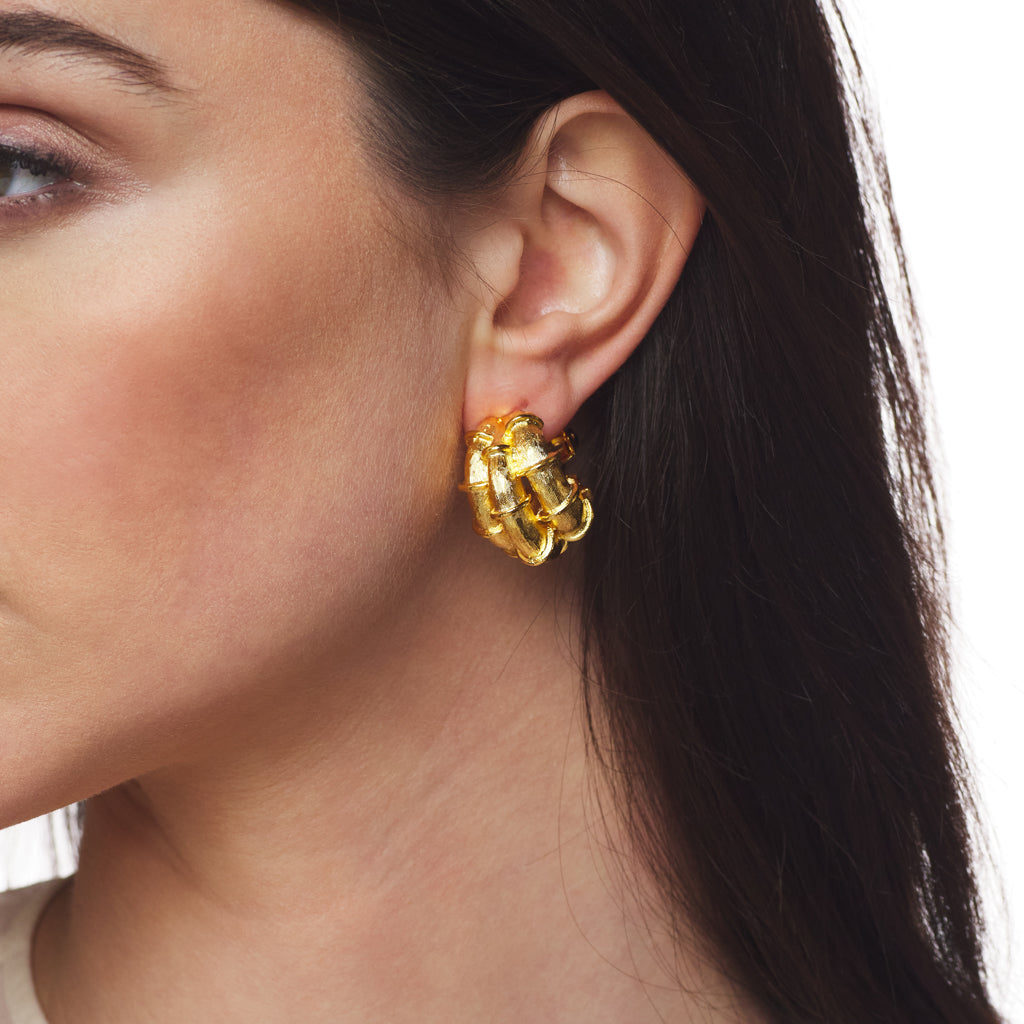 Gold Triple Bamboo Hoop Clip Earrings