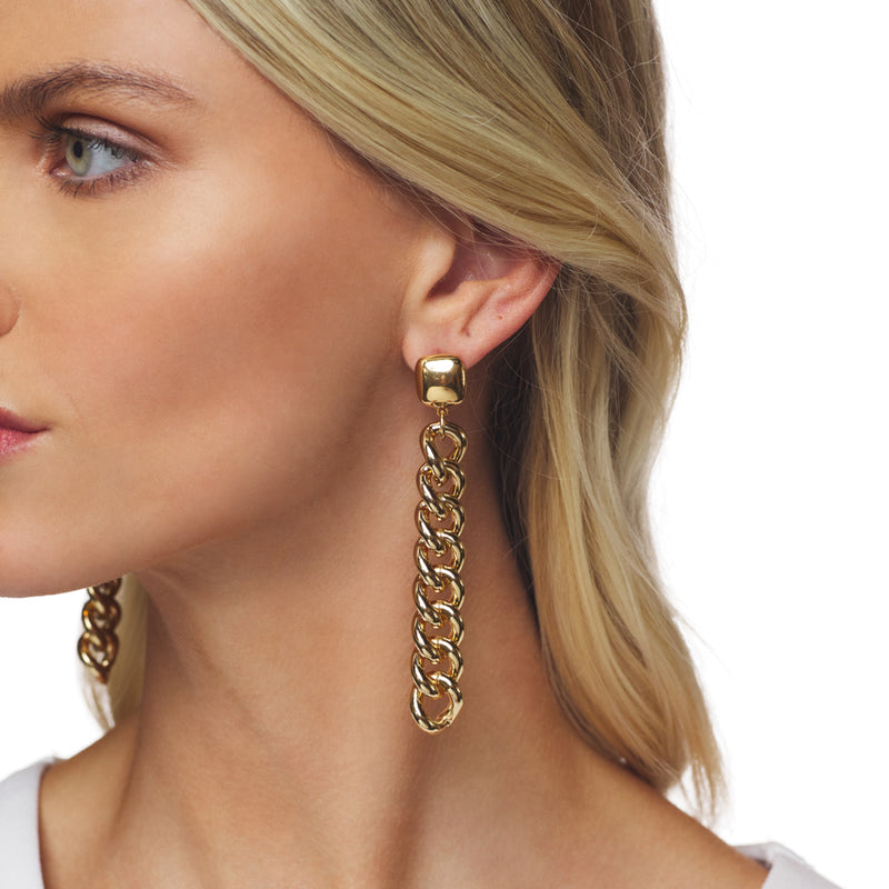 Gold Square with Links Drop Earrings