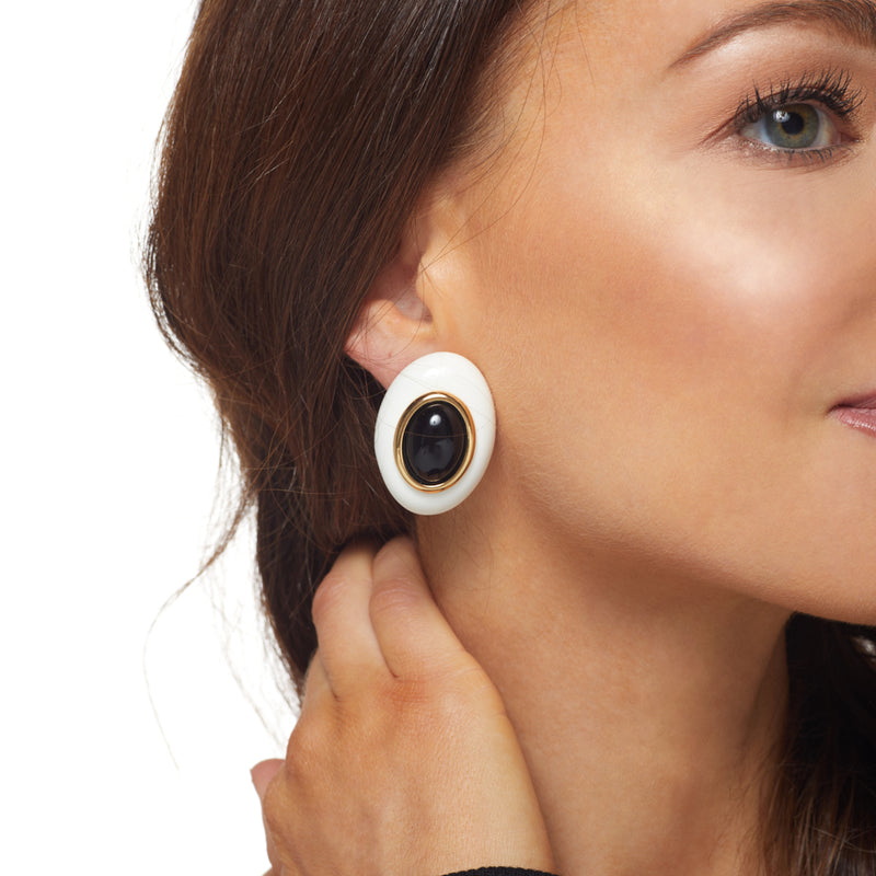 White with Black Center Oval Clip Earring