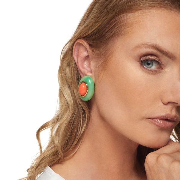 Jade with Coral Center Oval Clip Earring