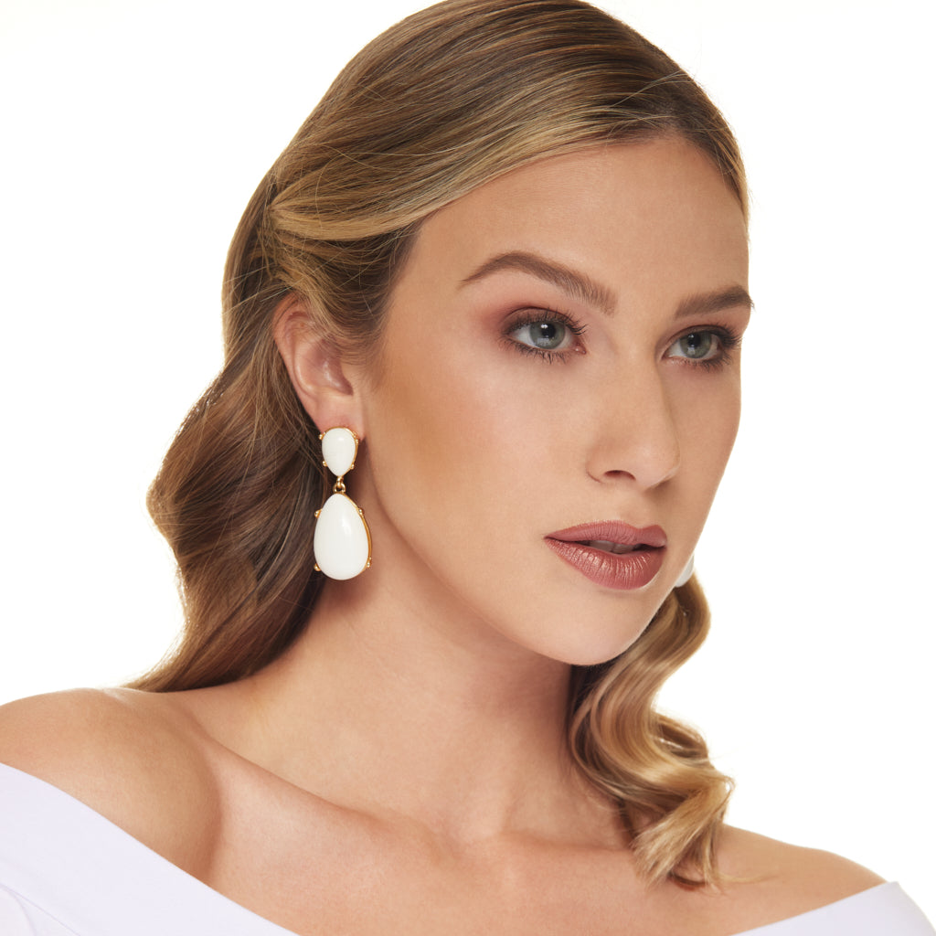 White Teardrop Cabochon Clip Earring