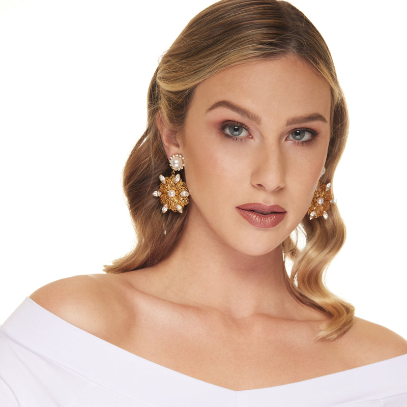 Gold and Crystal Filigree Flower with Pearl Earrings