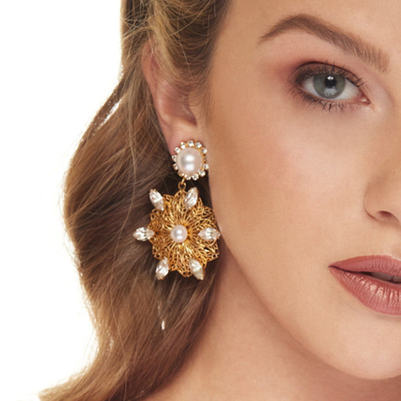 Gold and Crystal Filigree Flower with Pearl Earrings