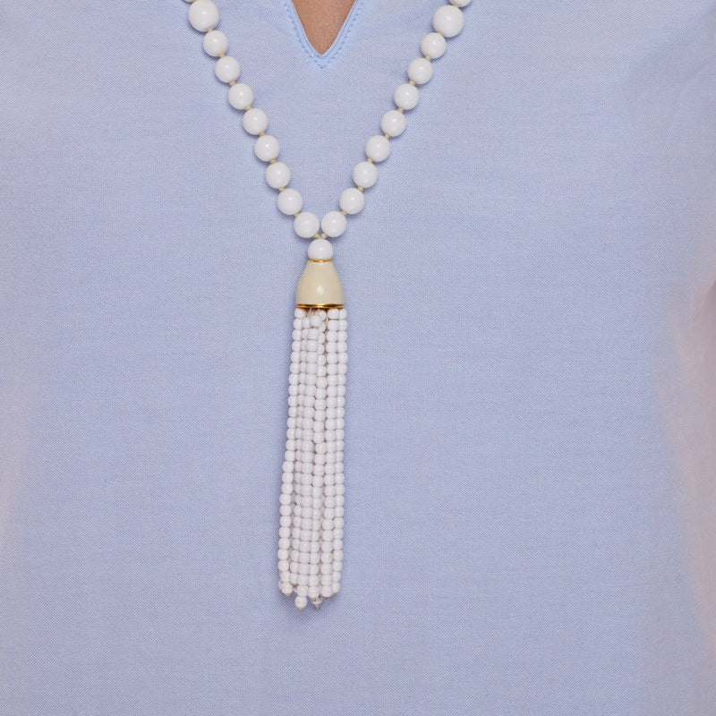 White Glass Bead Tassel Necklace