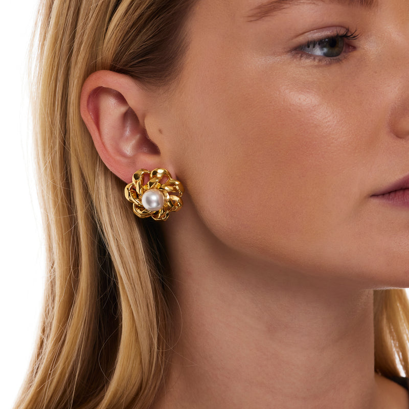 Gold and Pearl Open Link Flower Pierced Earring