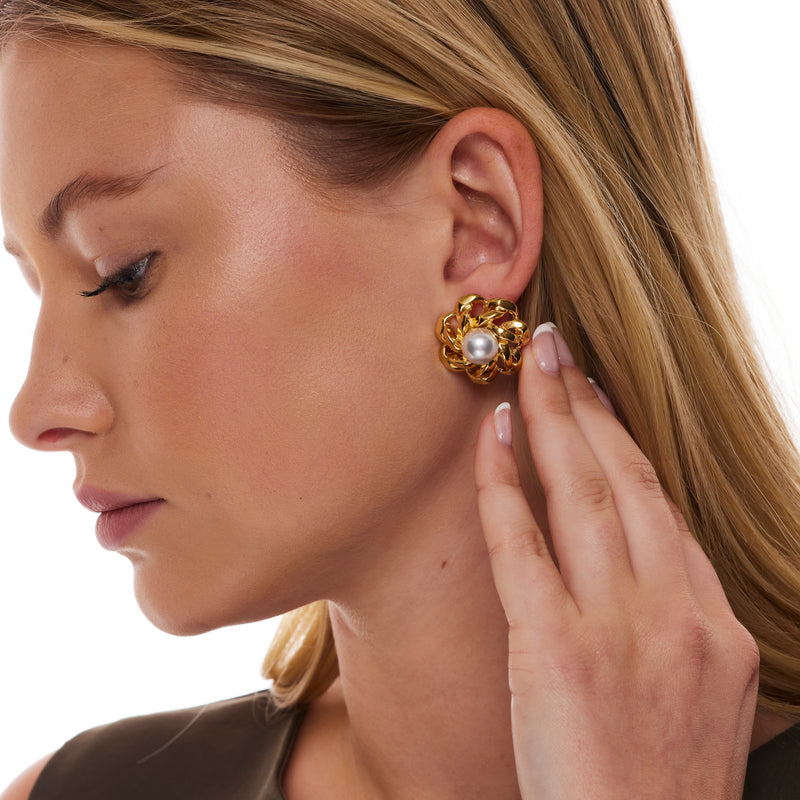 Gold and Pearl Open Link Flower Pierced Earring