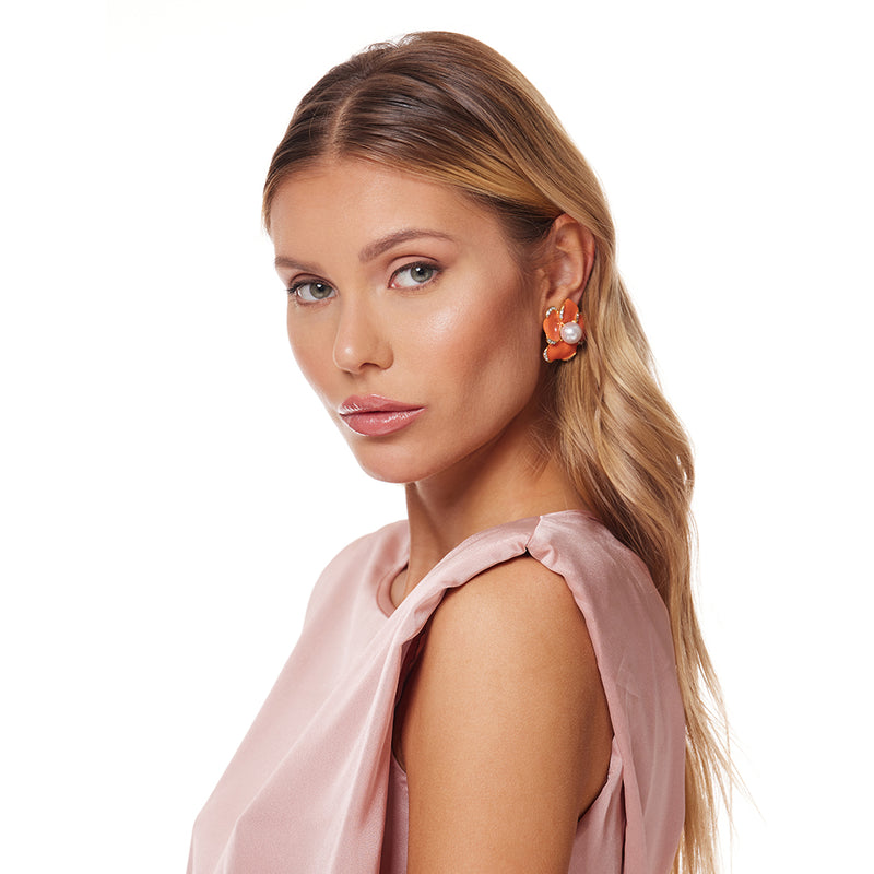 Gold and Rhinestone Flower with Coral Petals Clip Earring