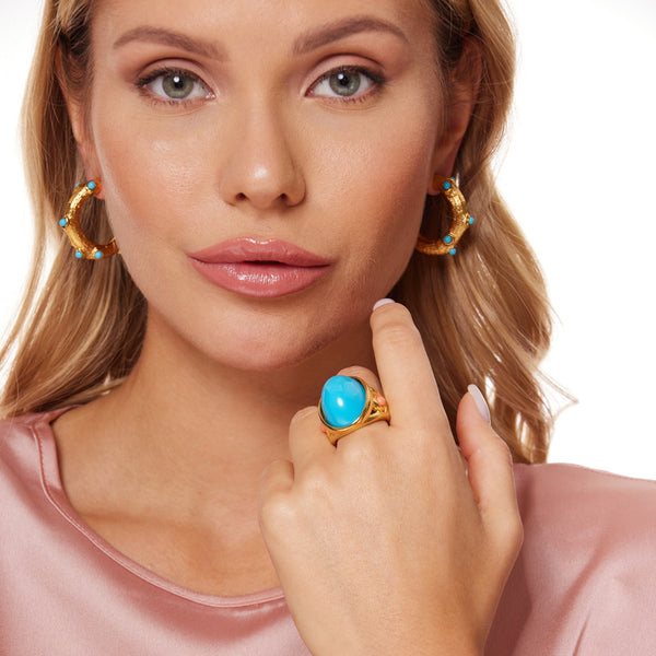 Gold Ring with Turquoise Cabochon Center and Coral Cabochon Dots