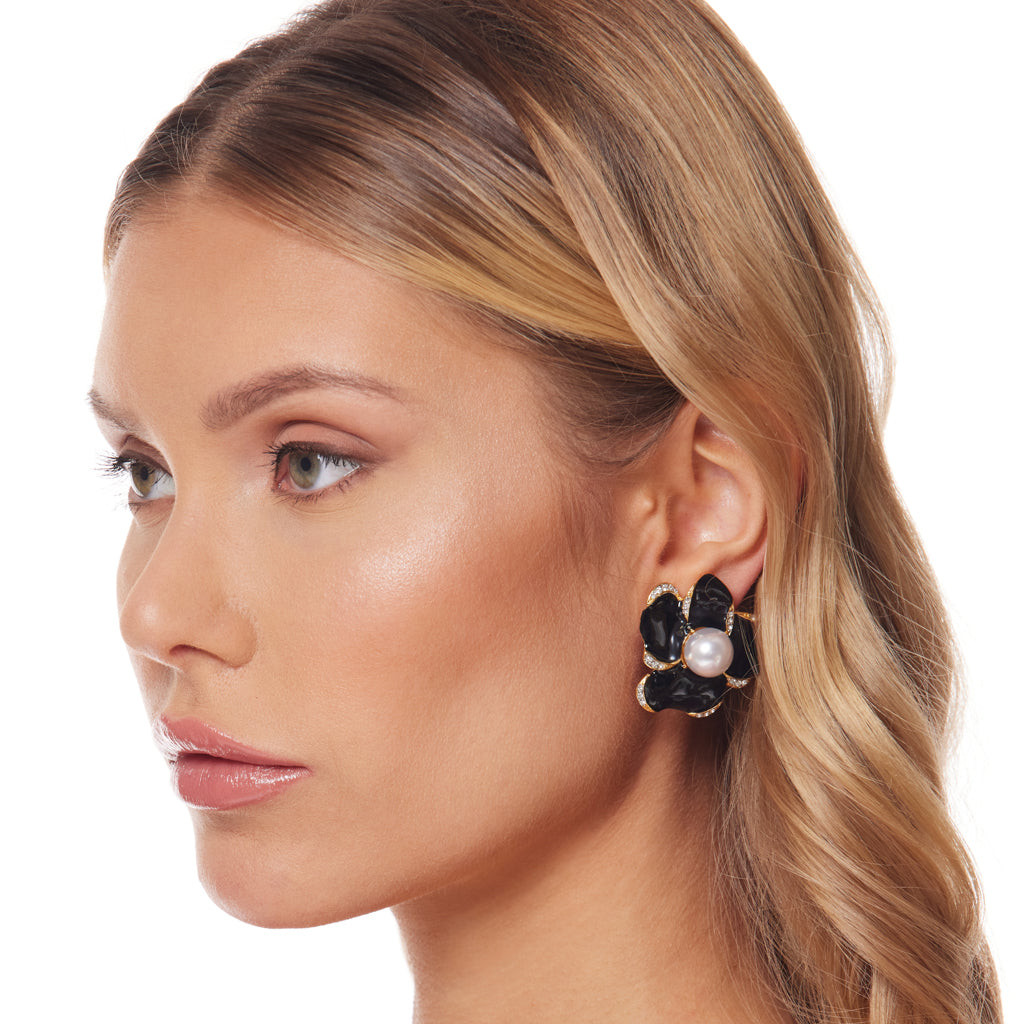 Black Enamel Flower Clip Earrings