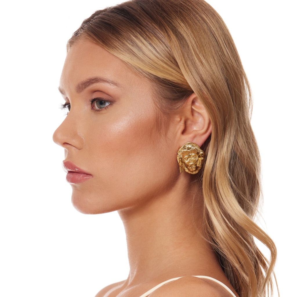 Gold Lion Head Clip Earrings