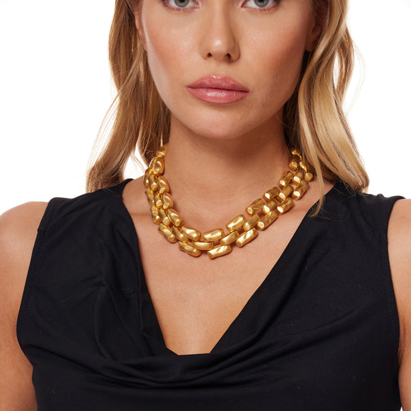Satin Gold 3 Row Hammered Bars Necklace