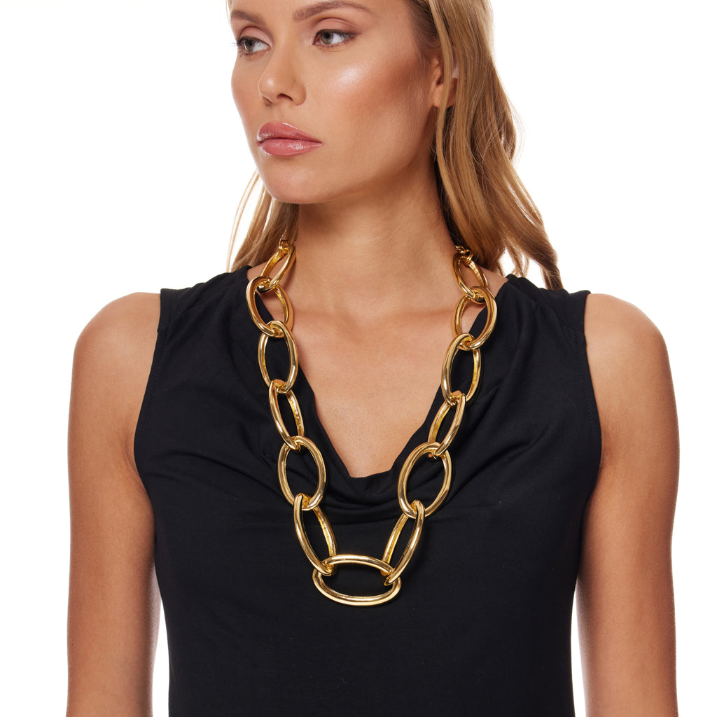 Adjustable Polished Gold Oval Link Chain Necklace