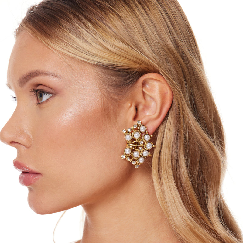 Light Antique Gold Clip Earrings Classic Pearl and Crystal Dots Jewelry Kenneth Jay Lane Vintage-inspired Earrings Elegant Antique Gold Finish Delicate Pearl Embellishments Shimmering Crystal Accents Sophisticated Clip-On Earrings Versatile Statement Accessories Timeless Beauty Earrings Gift for Classic Fashion Admirers