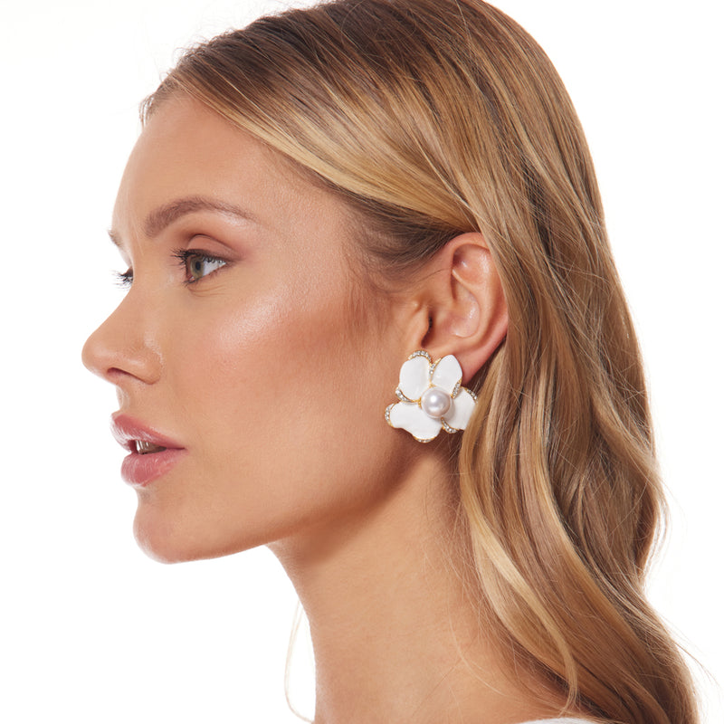 White Enamel Flower Clip Earrings