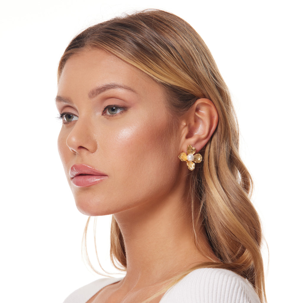 Gold with Pearl Center Flower Earring