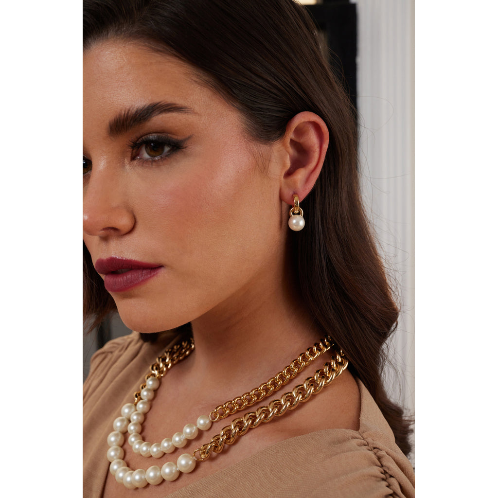 Gold and Pearl Drop Hoop Earring