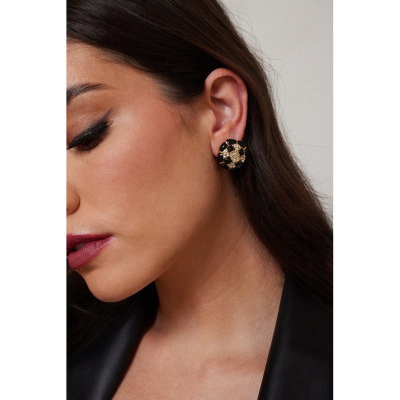 Rhinestone and Black Button Clip Earring