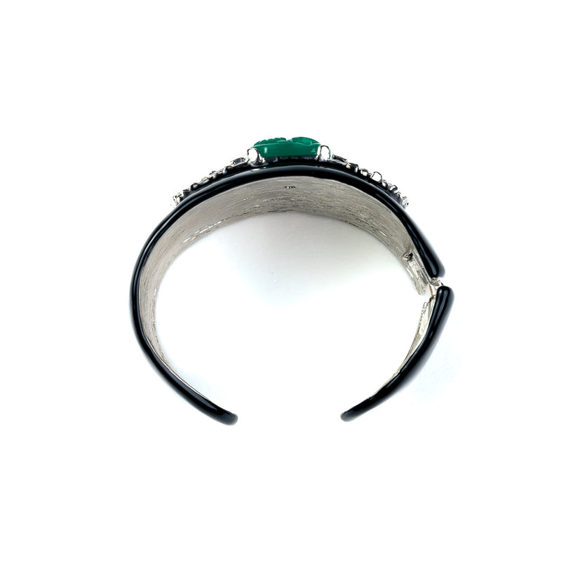 Black and Silver Crystal Cuff Bracelet with Decorative Jade Center