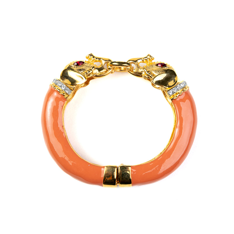 Gold and Coral Elephant Bracelet with Rhinestone and Ruby Eyes