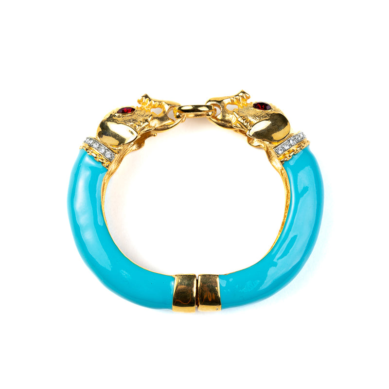 Gold and Turquoise Elephant Bracelet with Rhinestone and Ruby Eyes