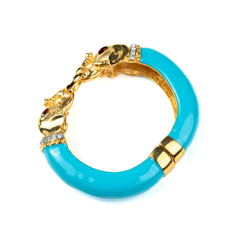 Gold and Turquoise Elephant Bracelet with Rhinestone and Ruby Eyes