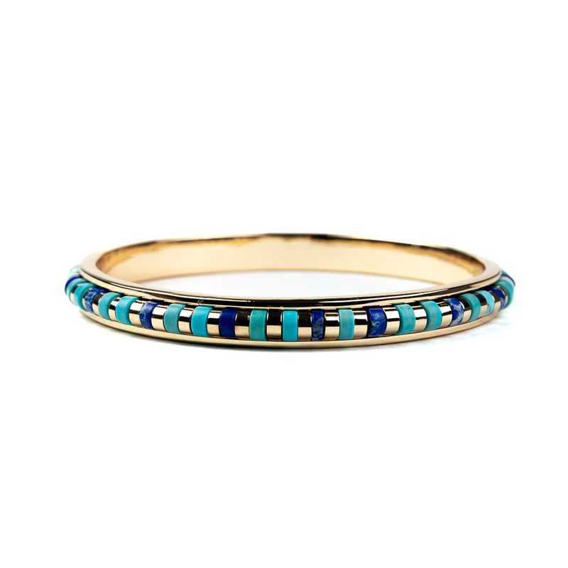 Gold Bangle Bracelet with Turquoise and Lapis Stones