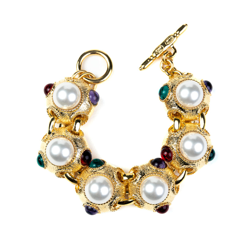 Satin Gold Toggle Bracelet with Multicolor Gems and Pearl Centers