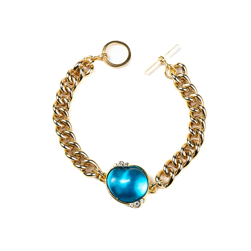 Gold Chain Bracelet with Aqua and Crystal Toggle