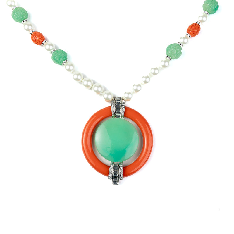 Pearl S-Hook Clasp Necklace with Coral and Jade Pendant