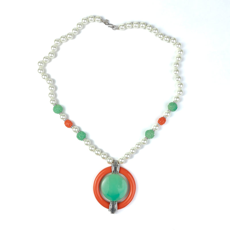 Pearl S-Hook Clasp Necklace with Coral and Jade Pendant